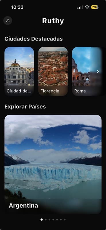 Pantalla de selección de ciudad en Ruthy